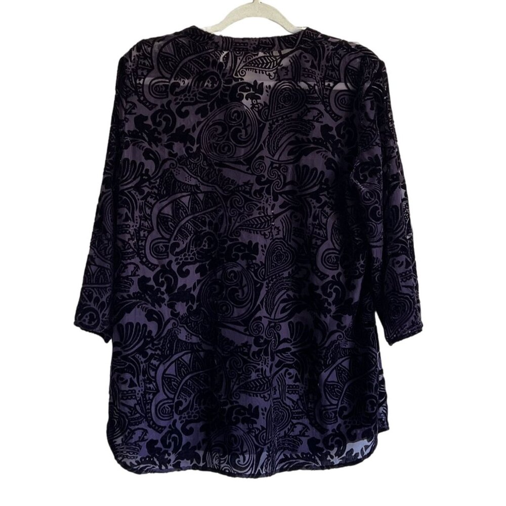 Chicos Womens Velvet Burnout Tunic Top Chicos Size 2 (L) Black Purple  VNeck - Picture 4 of 6